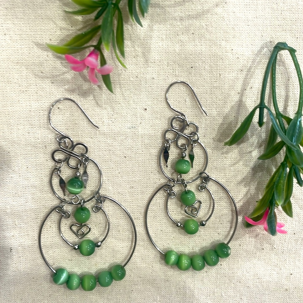 Handmade Turquoise Beaded Double Hoop Dangle Earrings Boho Silver Jewelry